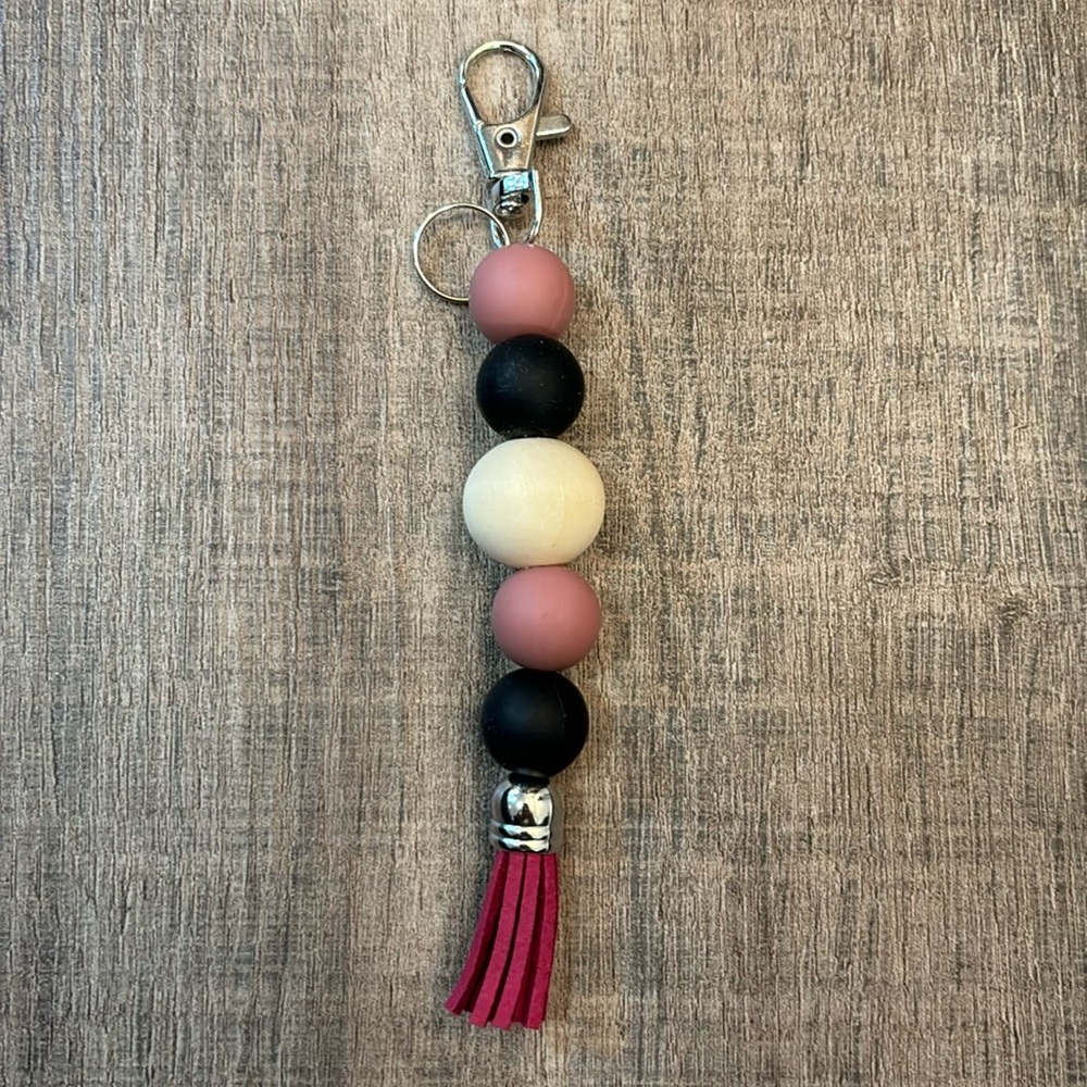 Handmade Silicone Beaded Keychain w Tassel & Lobster Claw Luggage Tag black &red